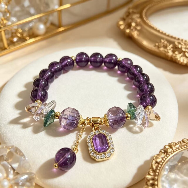 European and American Cross-Border New Style High-End Purple Crystal Bracelet, Light Luxury Retro Geometric Zircon Pendant Bracelet for Women