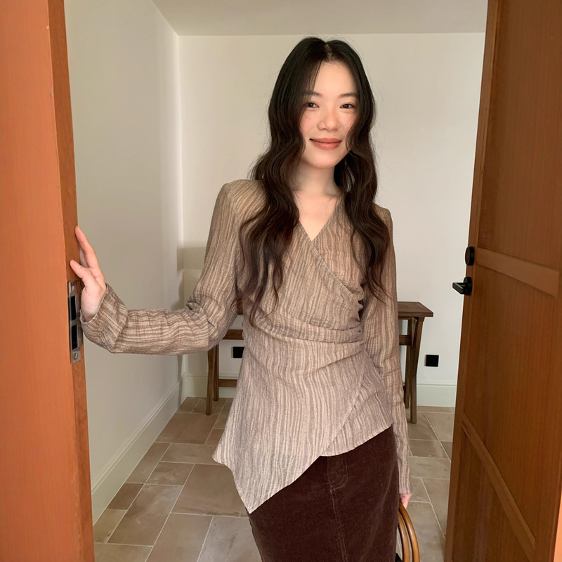 Interpreting Beauty Newopen 25 Autumn Maillard Vintage Coffee Color Wrinkled Irregular Tie Shirt Top F6635