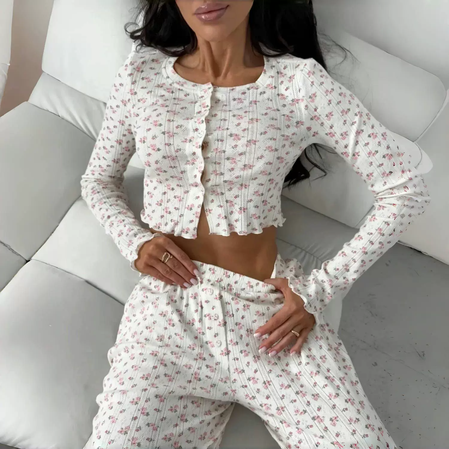 跨境外贸春秋新款欧美睡衣长袖长裤女开衫休闲印花时尚家居服套装
