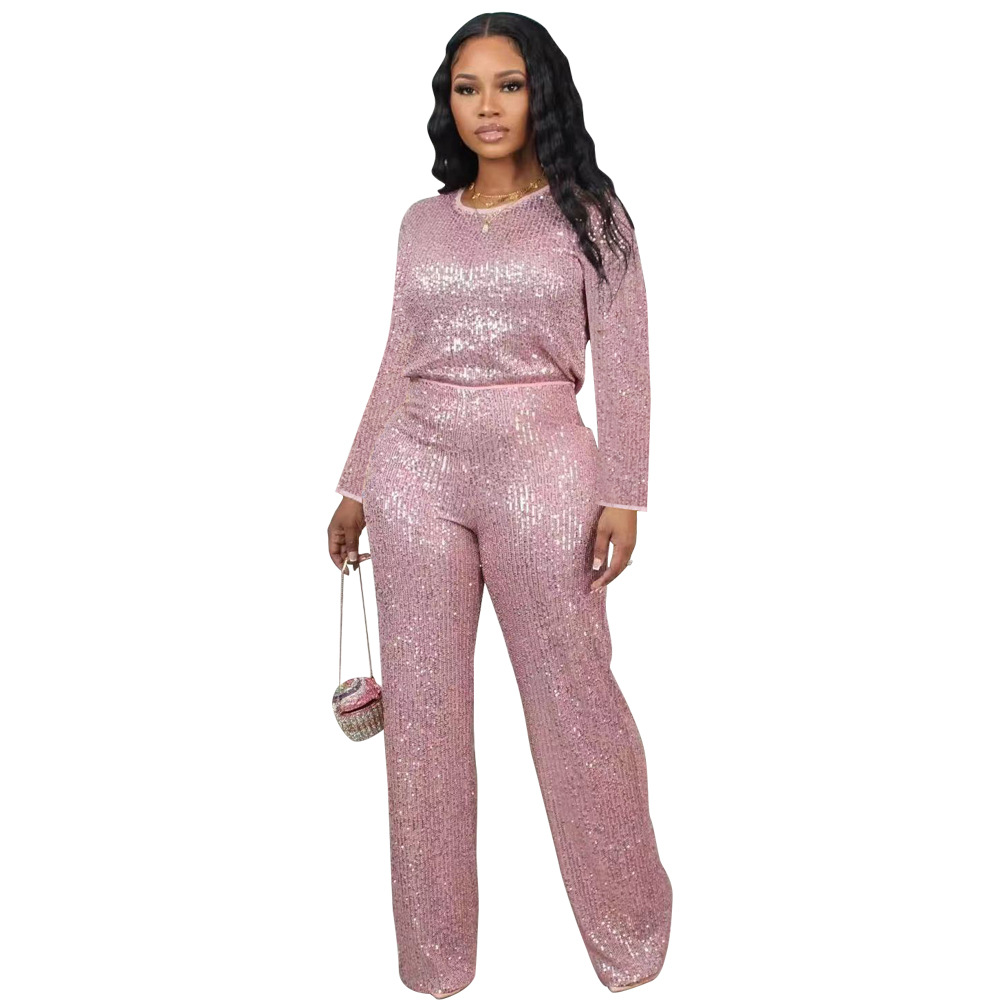 Women's Clothing new sequined solid color long sleeved trousers two piece set_voghion.com