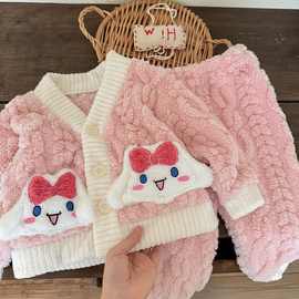 儿童法兰绒睡衣卡通宝宝加绒加厚保暖内衣冬中小童对襟家居服套装