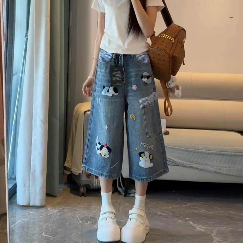 Vintage Heavy Embroidery Cartoon Soft Denim Pants for Women 2026 Autumn Elastic Waist Versatile Casual Wide-Leg Cropped Pants Vintage Heavy Embroidery Cartoon Soft Denim Pants for Women 2026 Autumn Elastic Waist Versatile Casual Wide-Leg Cropped Pants