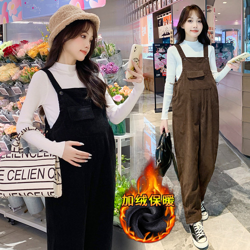 Pregnant women's bib pants Spring and autumn, small corduroy pregnant women's pants, thickened autumn and winter suit, two-piece set, fashionable
