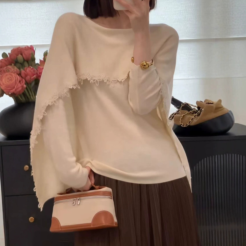 In-Stock Elegant Lace-Trimmed Shawl Collar Knit Sweater for Women, 2026 Autumn New Style, Long-Sleeve, Fashionable and Versatile In-Stock Elegant Lace-Trimmed Shawl Collar Knit Sweater for Women, 2026 Autumn New Style, Long-Sleeve, Fashionable and Versatile