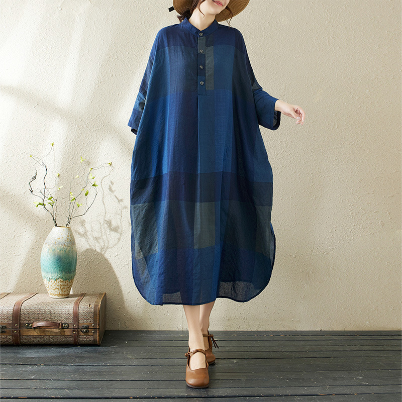 2025 Summer New Elegant Literary Retro Cotton and Linen Printed Stand-Up Collar Loose Oversized Holiday Dress