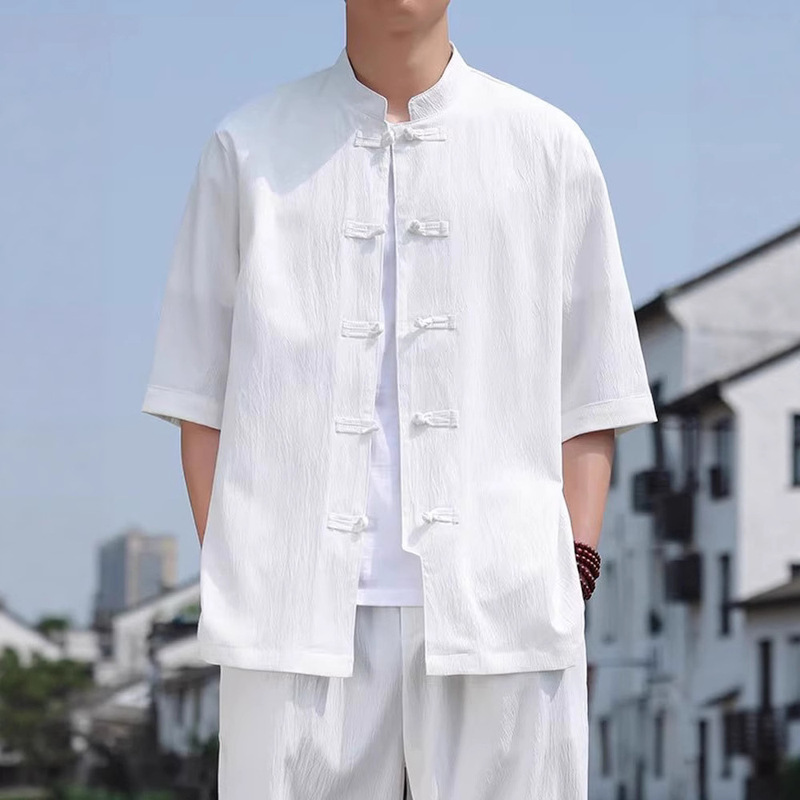 Chinese-Style Cool Double-Breasted Shirt for Men with Three-Quarter Sleeves, One-Line Collar, Tang Suit, Tai Chi Shirt, National Trend, Scholar Half-Sleeved Shirt