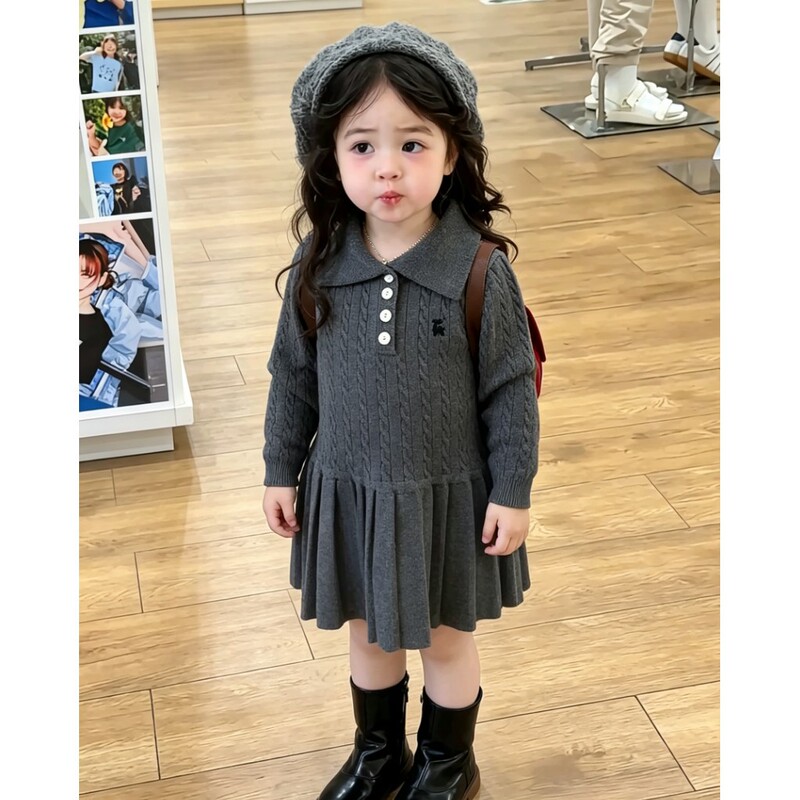 Autumn and winter children's cable-knit sweater dress with intricate embroidery, girls' sweater with pleated skirt, fashionable and versatile children's clothing