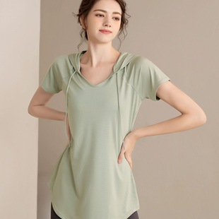 Yoga Cover-Up Loose Slimming Look Hip-Covering Mid-Length Sports Professional Quick-Drying Hooded Fitness Wear Short-Sleeved T-Shirt for Women Summer