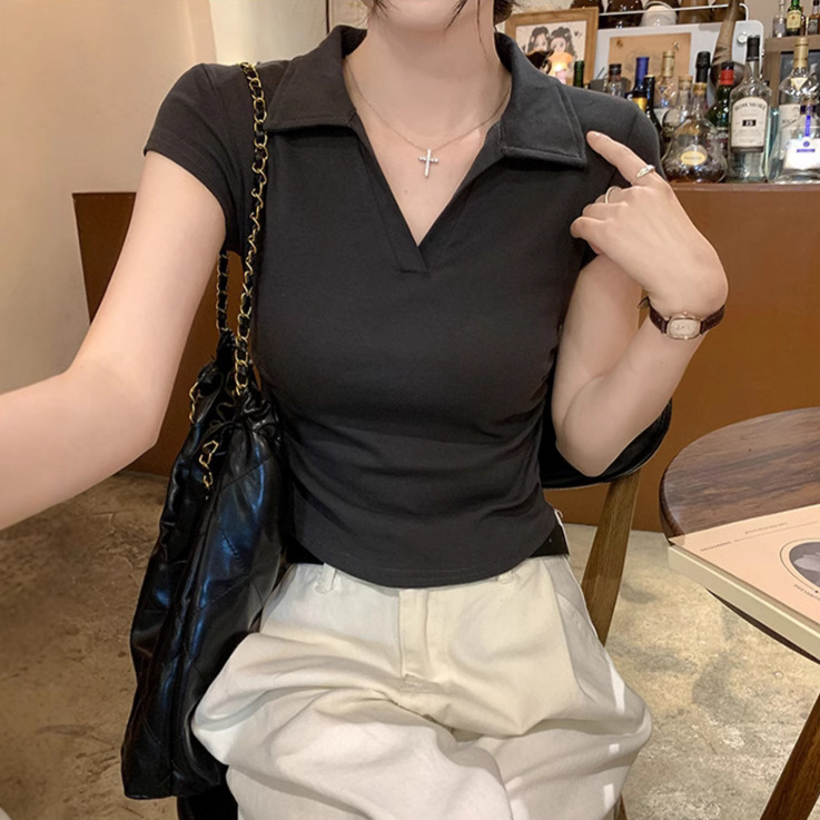Summer Hot Girls Slim-fit Slimming Shoulder T-shirt Women's Short-sleeve Design Sense Irregular Pleated Short Polo Shirt Top