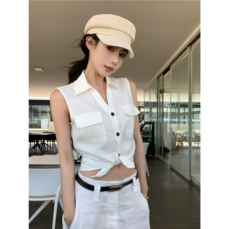 Correct Version! Women's Summer Fashion Suit White Casual Elegant Polo Collar Sleeveless Shirt