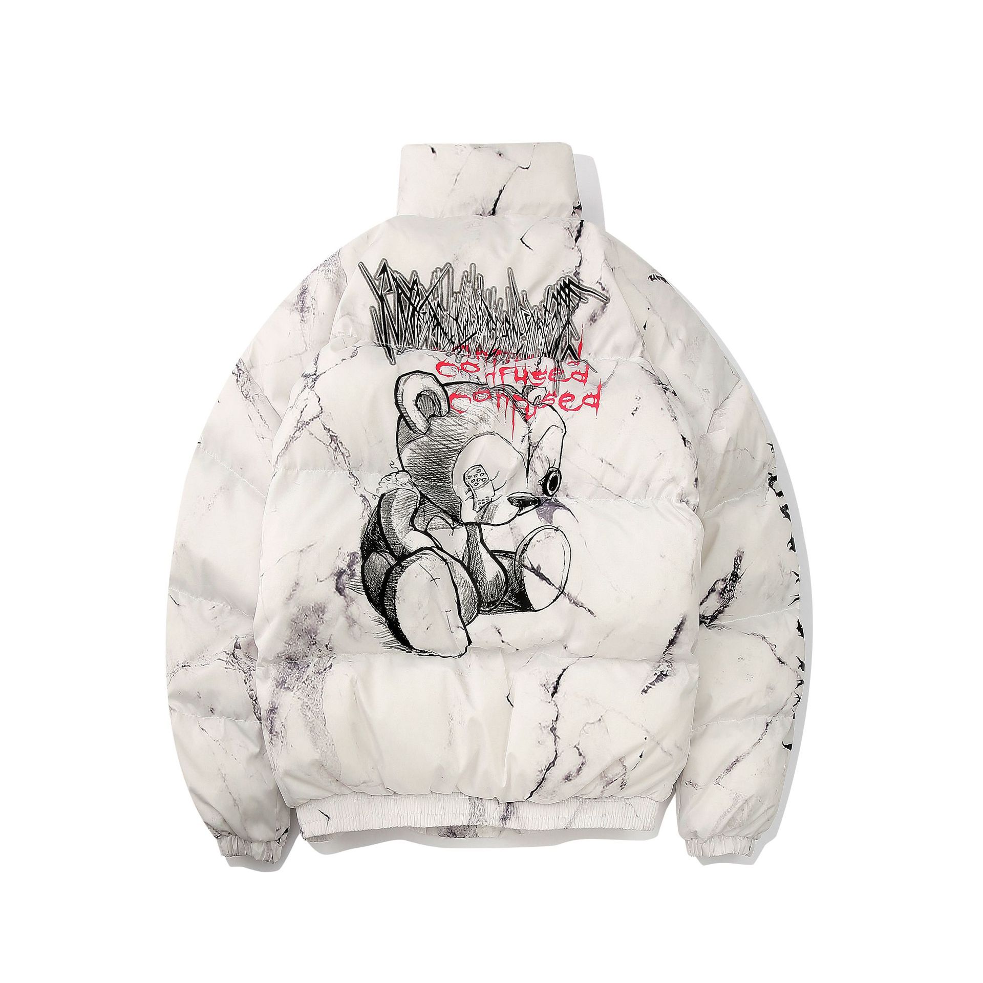 Men's Clothing dark bear graffiti print loose cotton jacket high street hip hop couple bread coat_viptrois.com