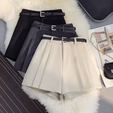 2024 New Women's Summer New Spice Girls Grey Shorts Slim A- Line Pleated Pants Skirt High Waist Casual Wide Leg Pants - ShopShipShake