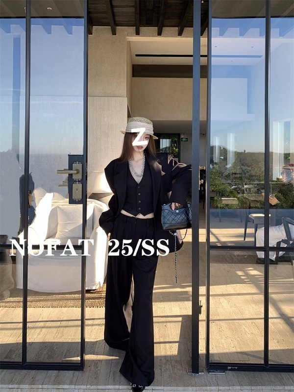 2025上新法博嘉丽尔 老钱黑色廓形西装外套女马甲阔腿西裤套装|undefined