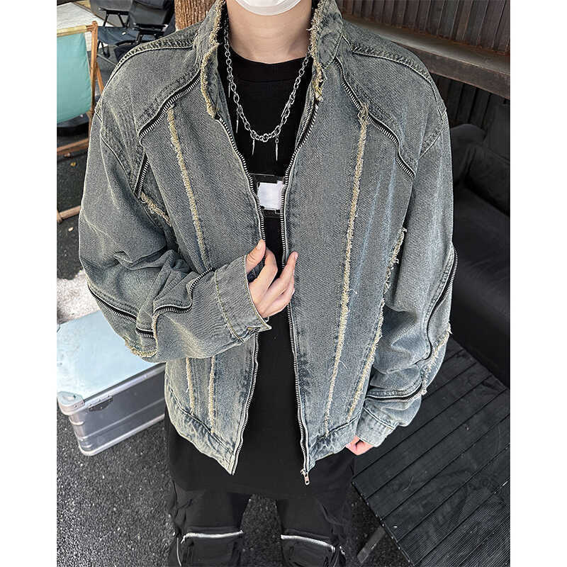 Deconstructed Raw Edge Tassel Denim Jacket Men's Trendy High Street American Retro Washed Handsome Design Zipper Jacket