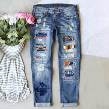 欧美跨境亚马逊独立新款破洞印花休闲直筒中腰女装水洗牛仔裤