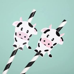 Cross Border Party Creative Decoration Cute Straw Cow Zebra Animal Paper Straw Disposable Degradable Drink Decoration