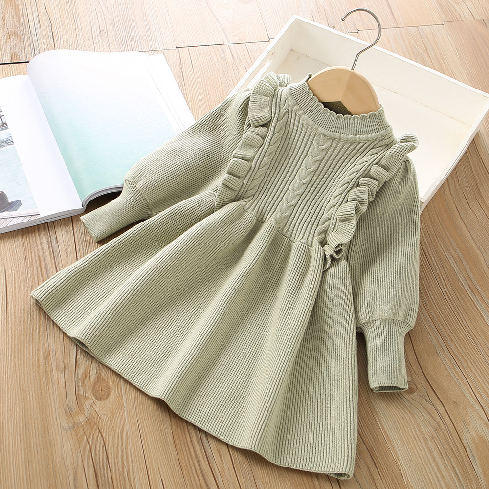 Girls Knitted Dress Autumn Winter Solid Colour Long Sleeve Style_voghion.com