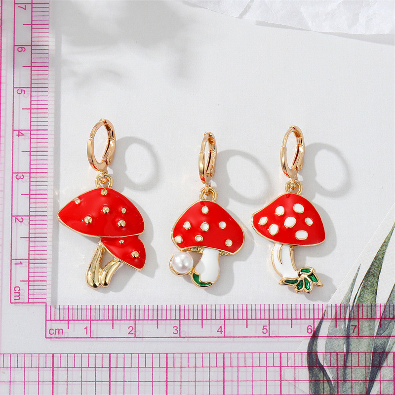 cute metal dripping oil pearl contrast color red mushroom earringspicture2