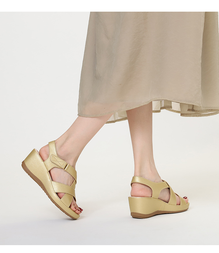 Commuting Wedge Sandals With Cross Straps, Open Toe, Comfortable High Heels, Convenient Velcro Closure, Bohemian Women's_desvips.com