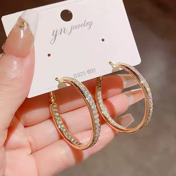 European and American Style Personality Fashion Minimalist Micro-Inlaid Zircon Hoop Earrings, Exquisite Light Luxury Versatile Exaggerated Earrings, Super Shiny Ear Accessories