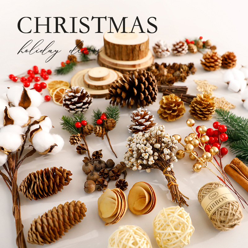 跨境圣诞场景布置天然松果原木植物干果树干材料气氛装扮道具干花