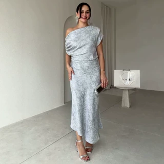 跨境欧美2026女春秋新款斜领收腰连衣裙显瘦无袖气质印花包臀长裙