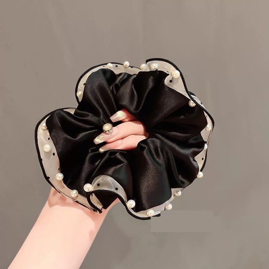 51# black pearl satin scrunchie with white trim, approximately 12cm