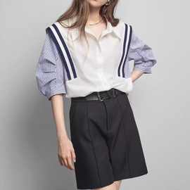 ELLE法式撞色条纹衬衫女2023夏季新款时尚宽松短袖显瘦气质衬衣