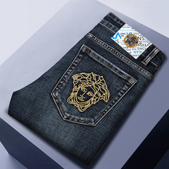 欧品春夏薄手高級刺繍ジーンズ男性灰色ファッショントレンド修身弾力直筒長ズボン