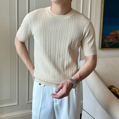 Casual Knit Short-Sleeve Men's British Retro Lightweight Mature Style Laced Breathable Fitted T-Shirt Top Under Shirt