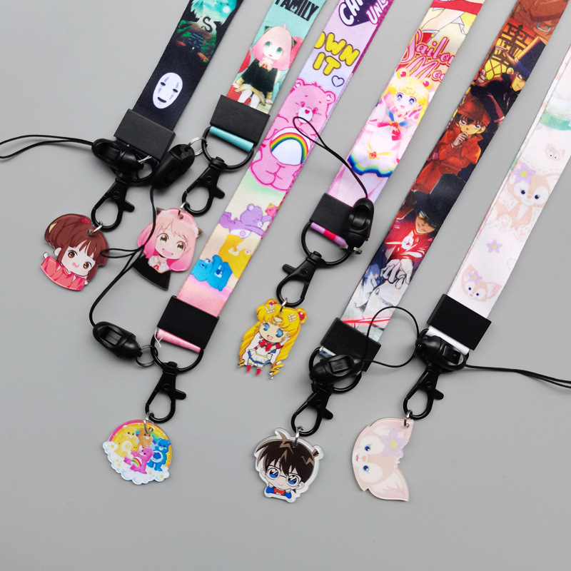 Mobile Phone Lanyard Cute Cartoon Neck Pendant Wide Flat Woven Band Card Set Breast Plate Heat Transfer Rainbow Bear