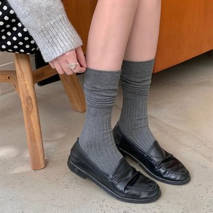 Dongdaemun Double Needle Seamless Wide Stripe Stitching Solid Color Leg Stacked Socks Soft Waxy Versatile Grey Medium Socks for Women
