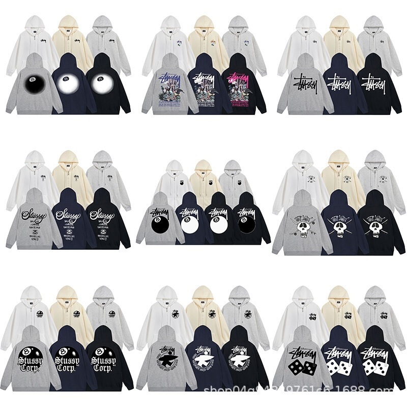Long-term availability of cross-border foreign trade simple style cardigan fleece sweatshirt, Stussy hoodie, long-sleeve zip-up casual jacket