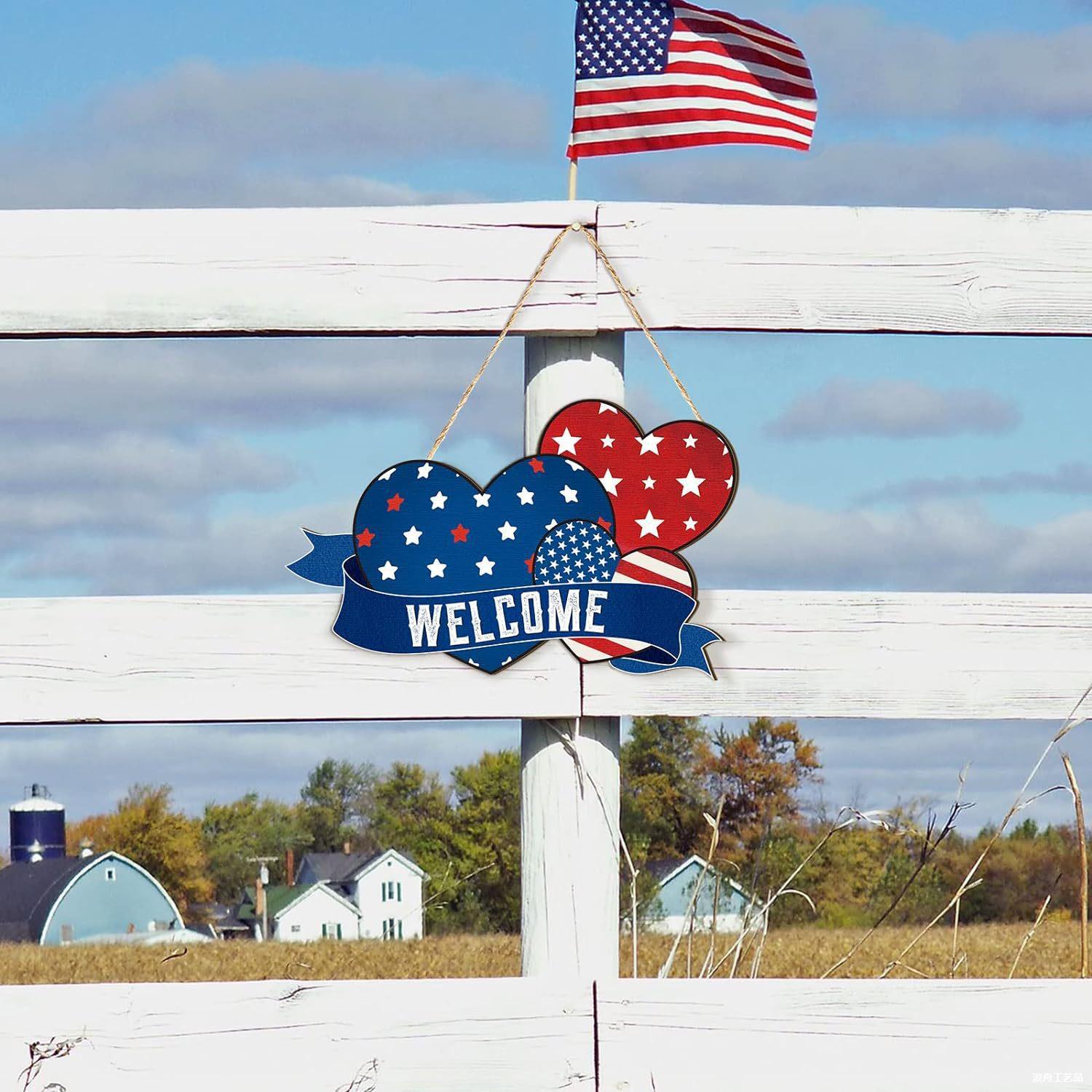 跨境7月4日独立日挂件木质工艺品户外庭院装饰家居门栏悬挂装挂饰