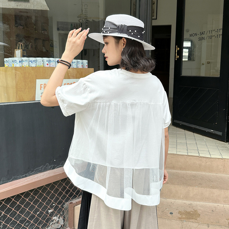 250529 Japanese Style Retro Niche Design Summer Palace Style Mesh Splicing Short-Sleeved Babydoll T-Shirt for Women Fake Two