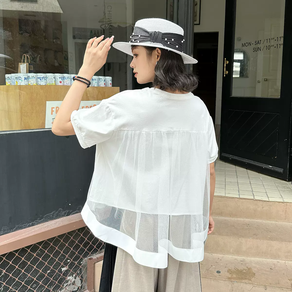 250529日系复古小众设计夏宫廷风网纱拼接短袖娃娃衫T恤女假两