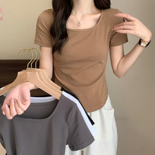 2025夏季设计感小众纯欲风甜辣妹u领正肩短袖t恤女不规则短款上衣