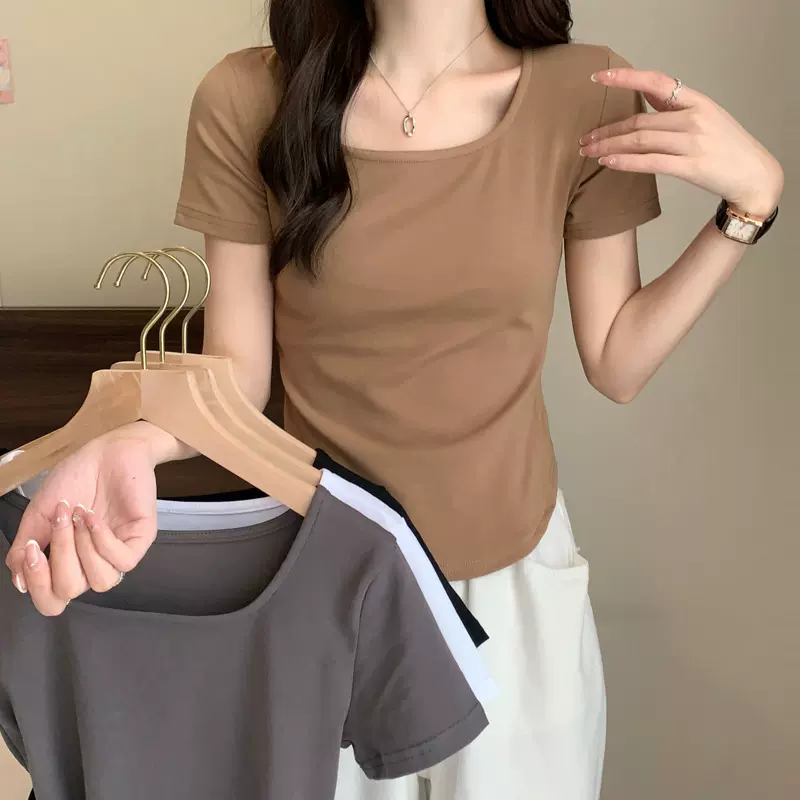 2025夏季设计感小众纯欲风甜辣妹u领正肩短袖t恤女不规则短款上衣