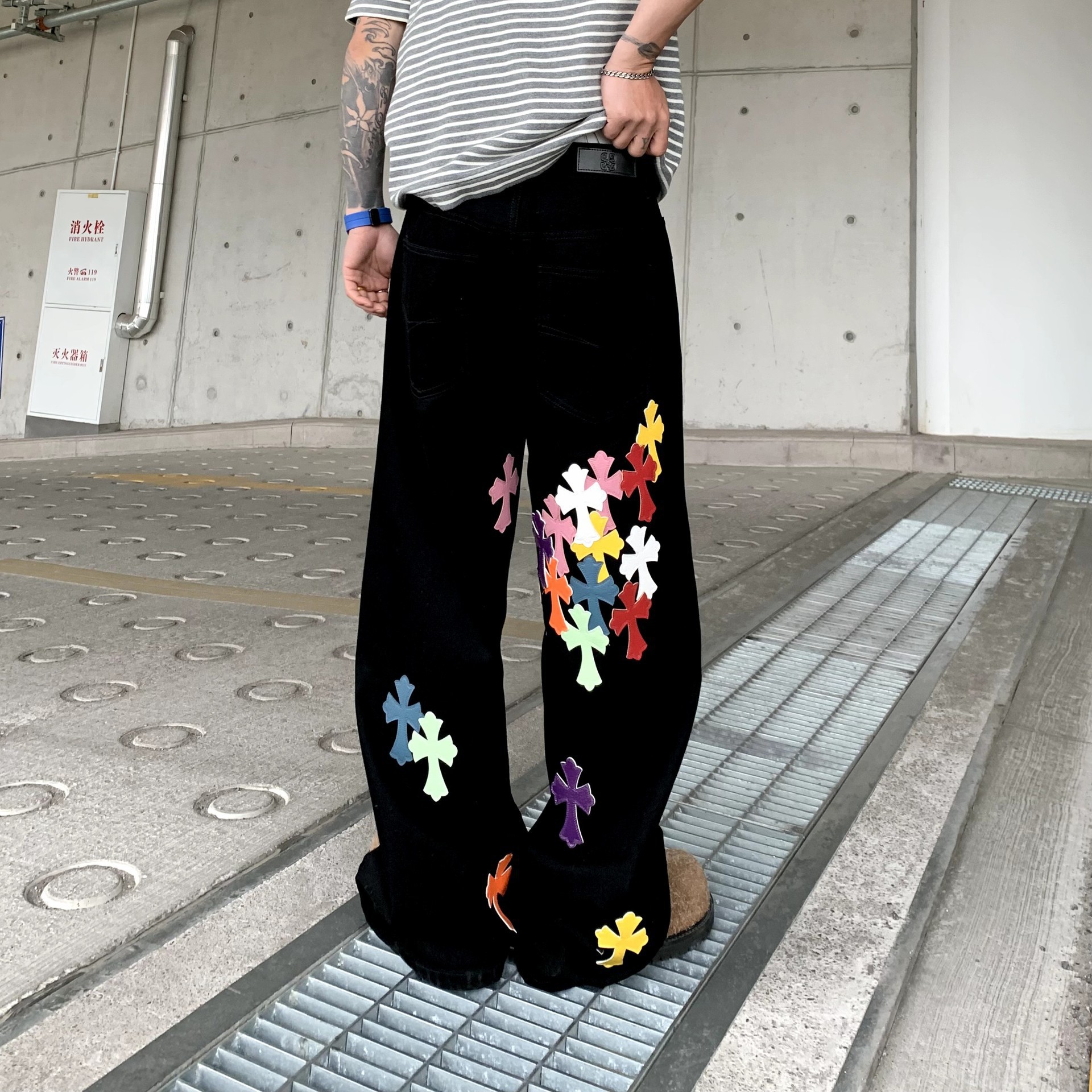 New Crocodile Jeans Men's American Fashion Brand Cross Loose Straight Casual Wide Leg Pants Men's Summer