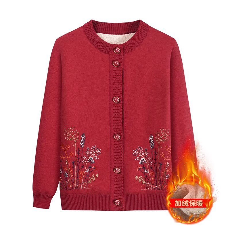 Кардиган-свитер фабричного производства для пожилых людей, осенне-зимний, на флисовой подкладке, с вышивкой, для мамы