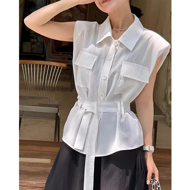 French Style Polo Collar Sleeveless Shirt for Women 2025 New Summer High-End Waist Tie Design Top