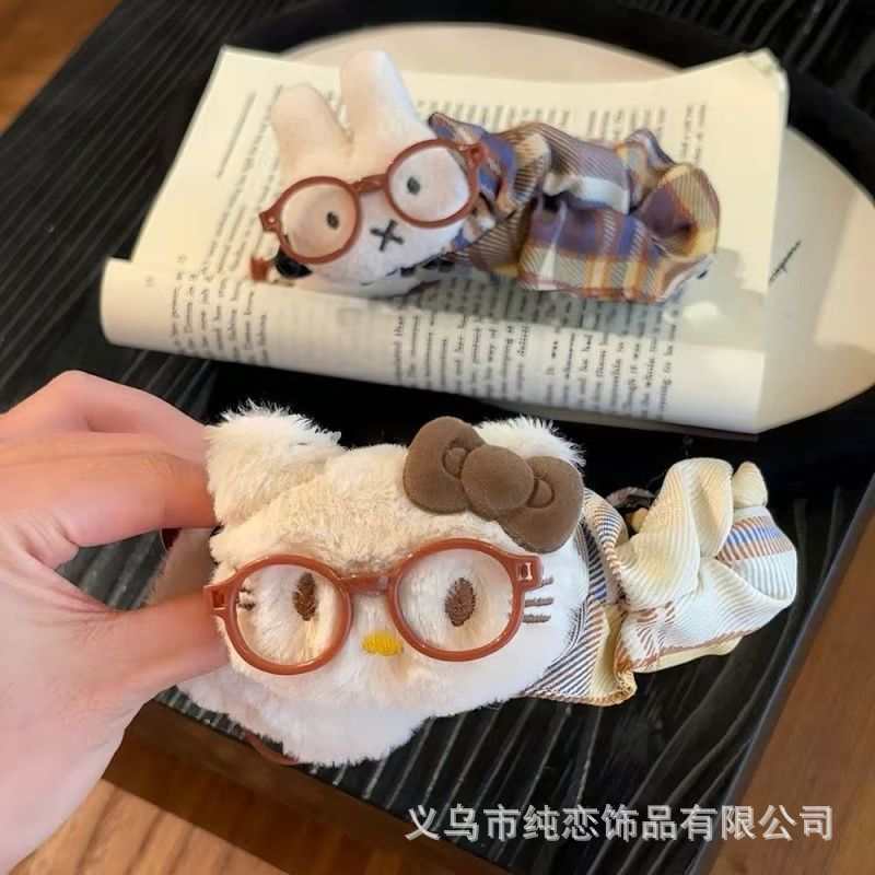 美拉德可爱眼镜米菲兔香蕉夹发卡秋冬新款Kitty格纹甜美发卡头饰|undefined