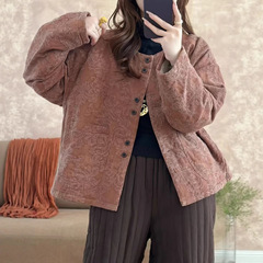 2025新款重工提花亚麻减龄款棉服短外套女冬季文艺宽松休闲外套