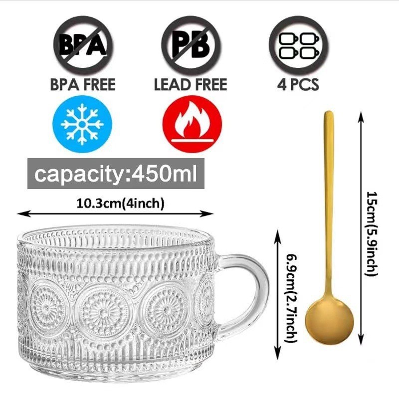 Taza de desayuno Retro en relieve Taza de café de 14oz Girasol con cuchara con tapa Taza de vidrio transparente Taza de leche