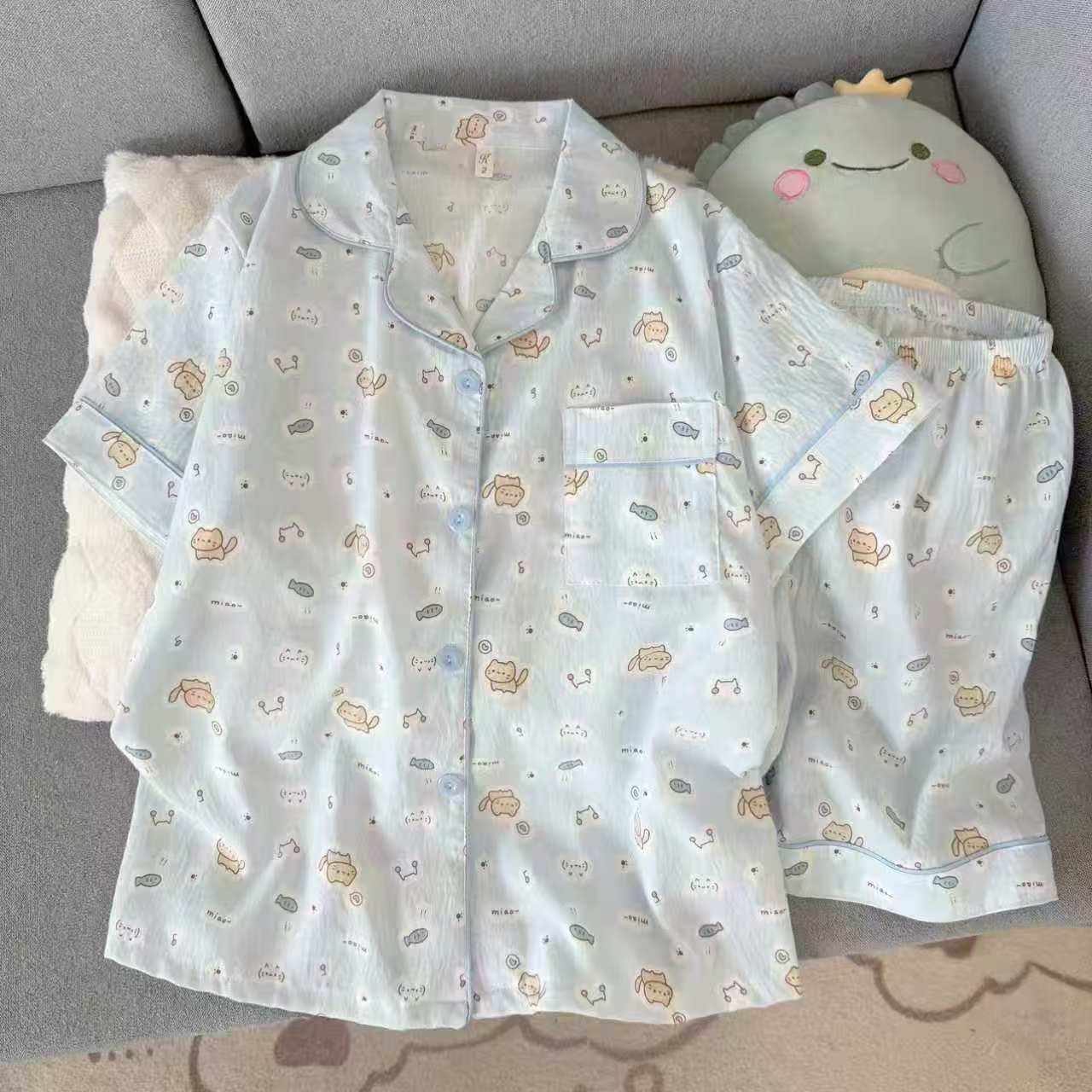Pijamas de niñas verano nuevo cachorro nubes de algodón doble solapa corta mangas cortas pantalones cortos ropa casera de dos piezas set
