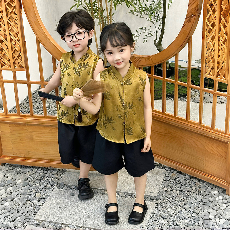 男女童夏季套装凉感轻便透气国风新中式无袖两件套夏装新款童套装