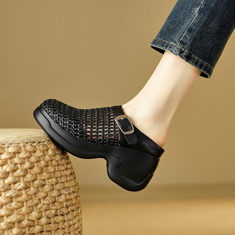 Woven mule made of sheepskin leather platform wedge heel