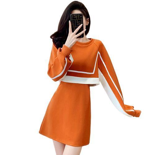 欧货拼接撞色卫衣连衣裙女2025秋冬季新款收腰显瘦假两件裙子|undefined