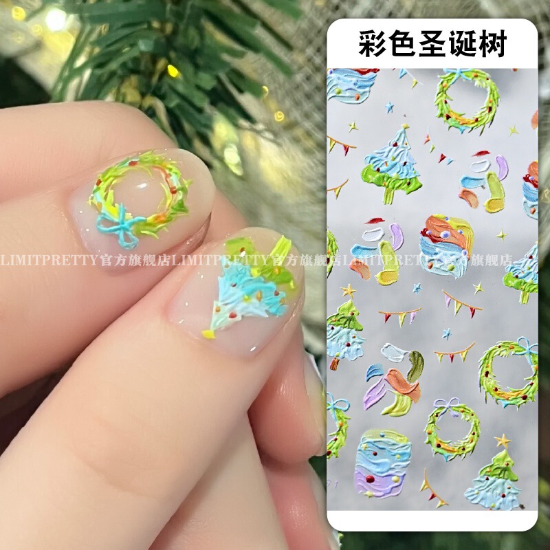 New Oil Painting Christmas Tree Bronzing Embossed Nail Art Sticker Simple Snowflake wreath Christmas Element Nail Decoration