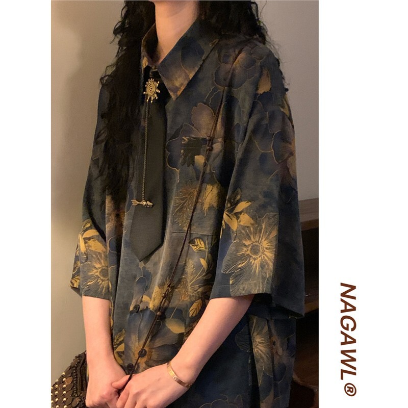 Naga Homemade Summer Japanese Style Retro Casual New Chinoiserie Vintage Hong Kong Style Printed Shirts for Men and Women Short-Sleeved Tops